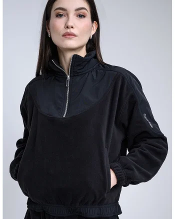 Bluza de trening cu fenta cu fermoar si buzunar kangaroo, Negru