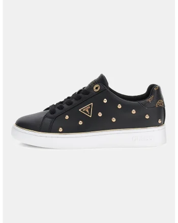Pantofi sport din piele ecologica cu nituri si aplicatii logo, Negru