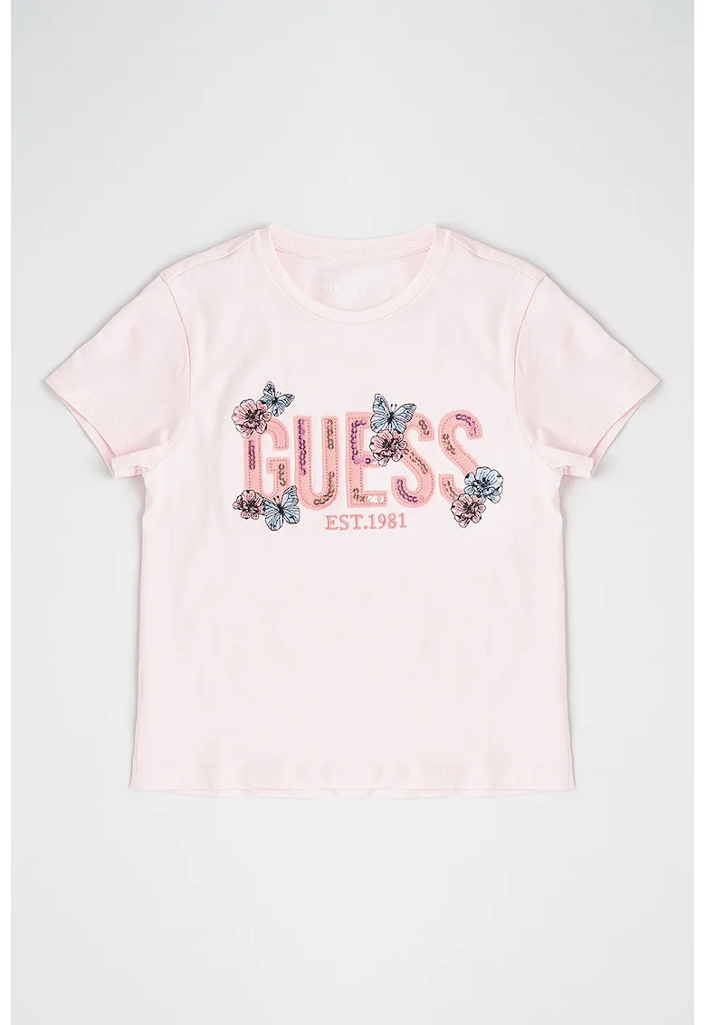 Tricou cu logo si imprimeu floral, Roz pastel/Albastru
