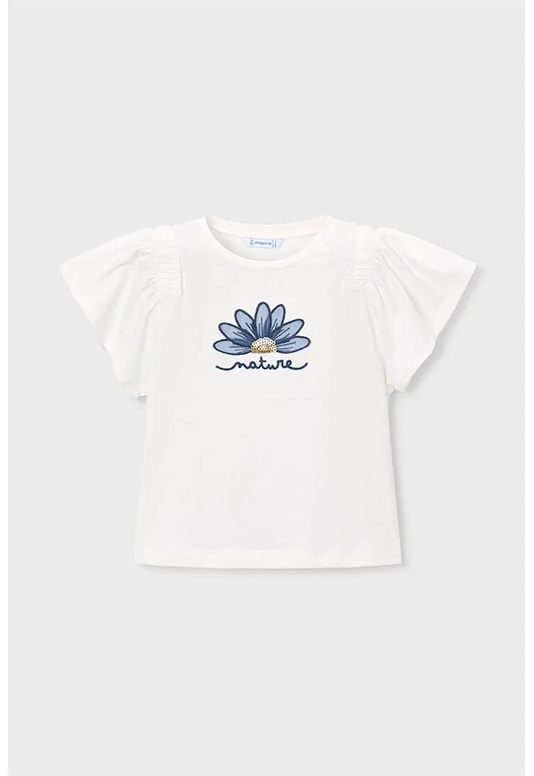 Tricou cu maneci fluture si detalii brodate, Alb murdar/Albastru