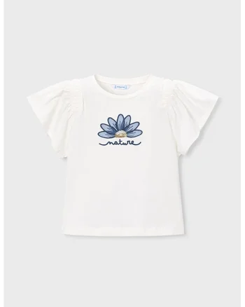 Tricou cu maneci fluture si detalii brodate, Alb murdar/Albastru
