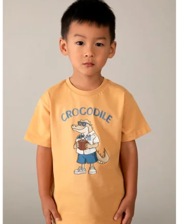 Tricou de bumbac cu model grafic, Portocaliu/Albastru