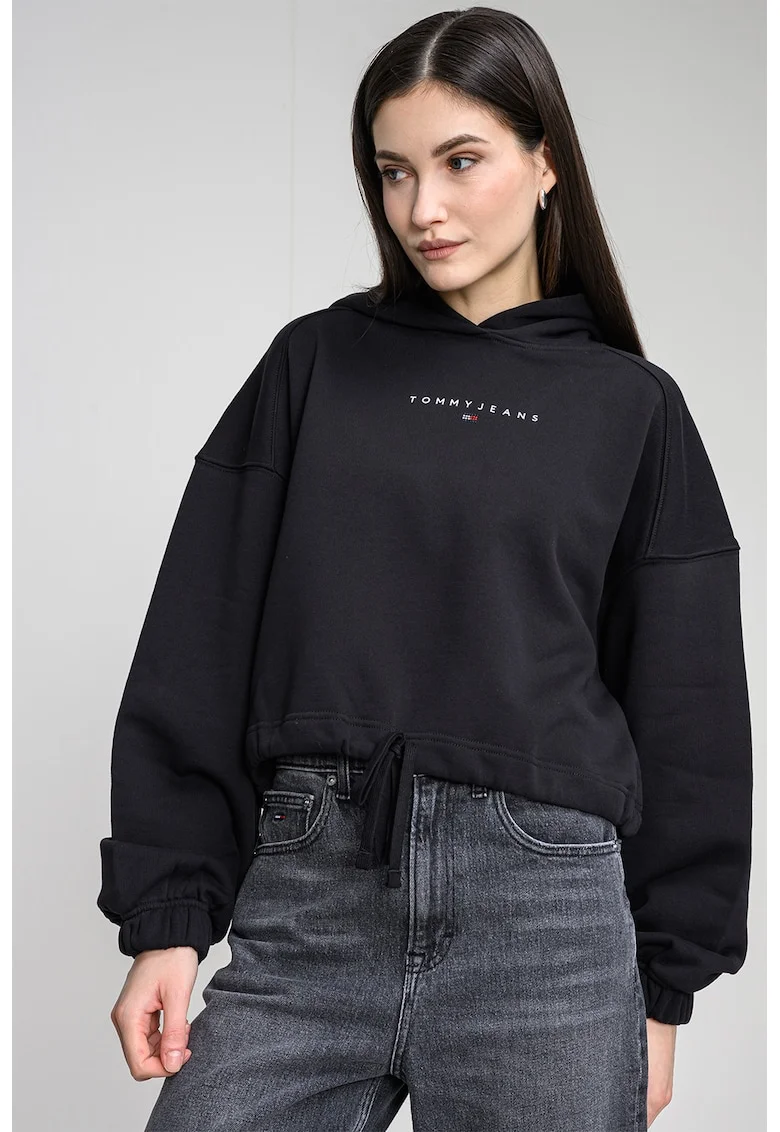 Hanorac crop cu logo, Negru