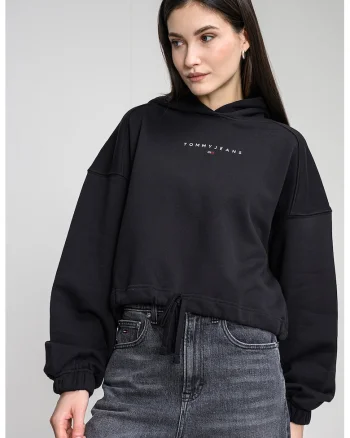 Hanorac crop cu logo, Negru