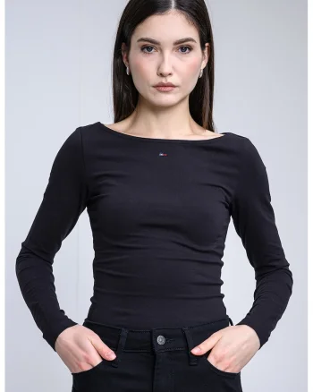 Bluza slim fit cu decolteu barcuta, Negru