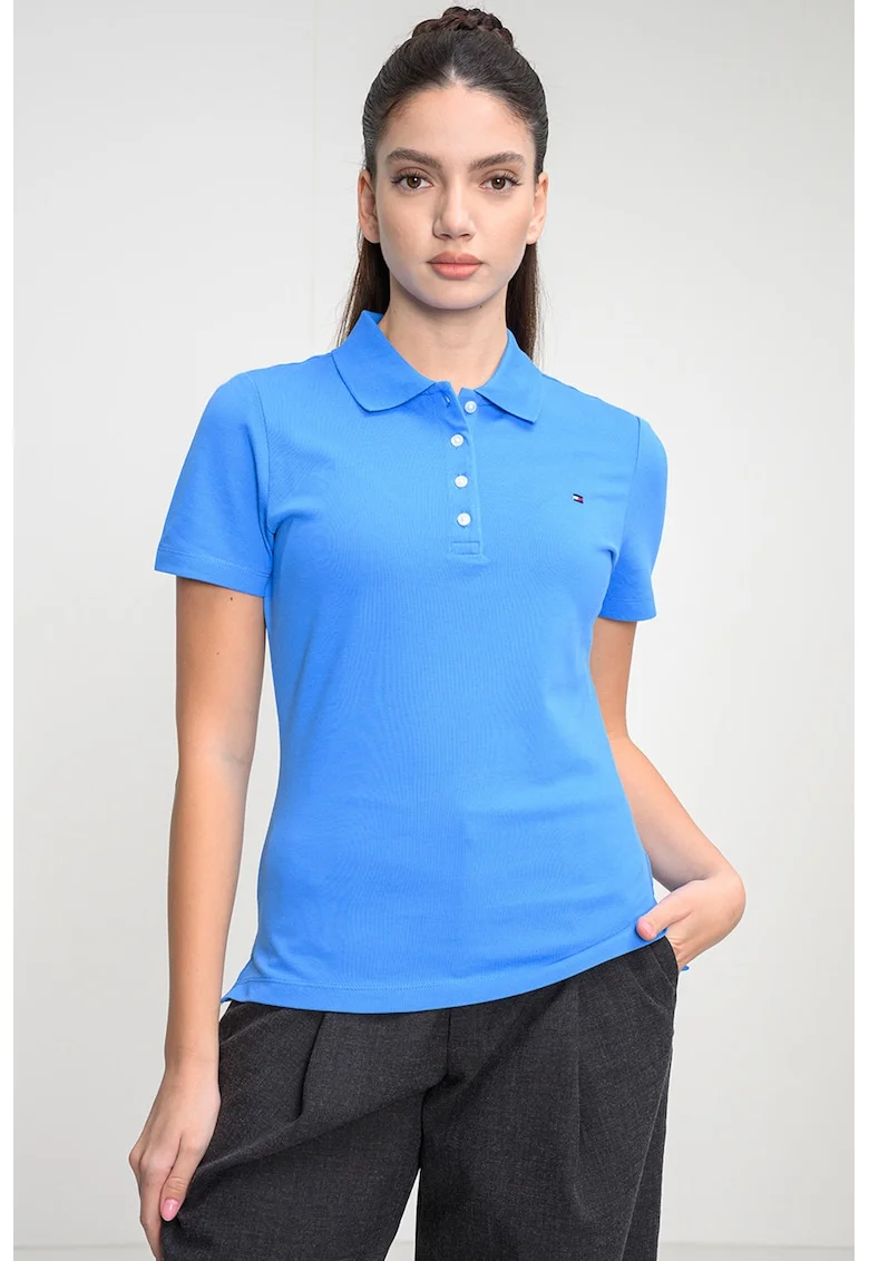 Tricou polo cu croiala slim-fit si logo, Albastru