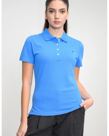 Tricou polo cu croiala slim-fit si logo, Albastru