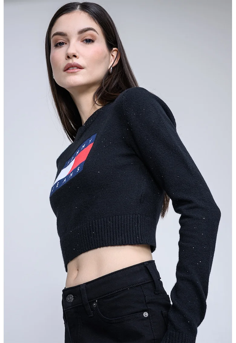 Pulover crop cu imprimeu logo, Negru