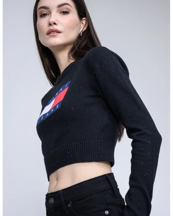 Pulover crop cu imprimeu logo, Negru