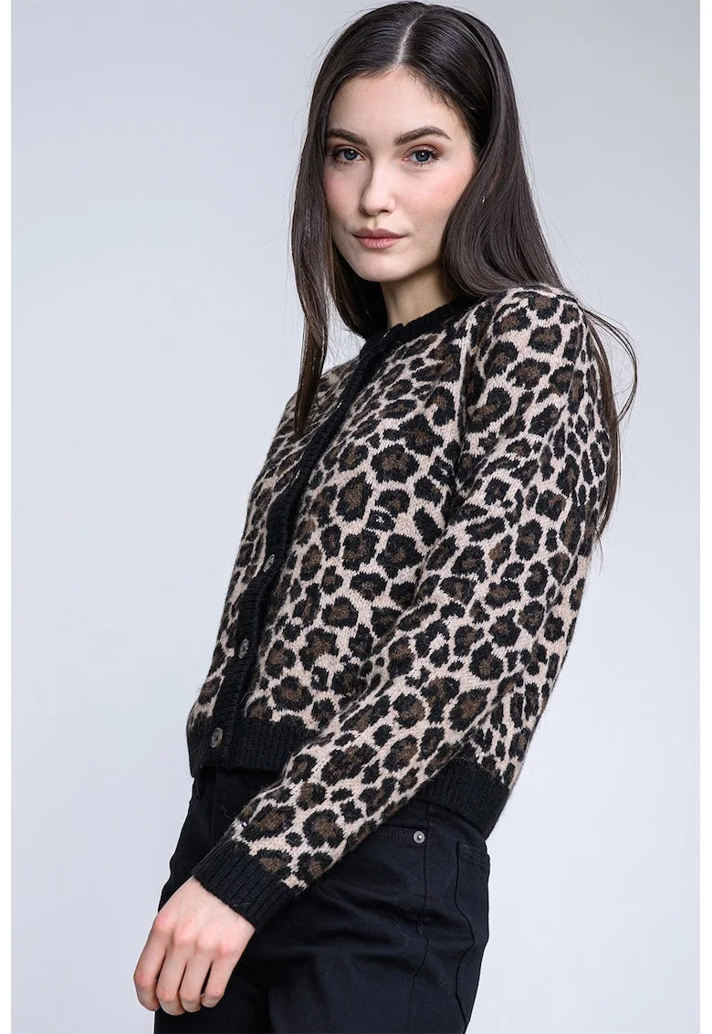 Cardigan din amestec de lana si lana alpaca cu model animal print, Negru/Maro camel