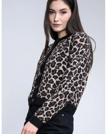 Cardigan din amestec de lana si lana alpaca cu model animal print, Negru/Maro camel