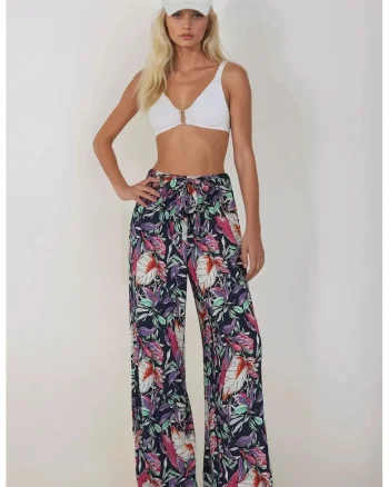 Pantaloni dama,  cu imprimeu, talie elastica, bumbac, Multicolor