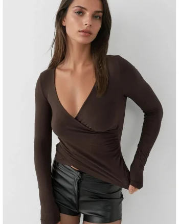 Bluza dama,  top cu maneca lunga, decolteu in V, maro inchis, jerseu, Maro inchis