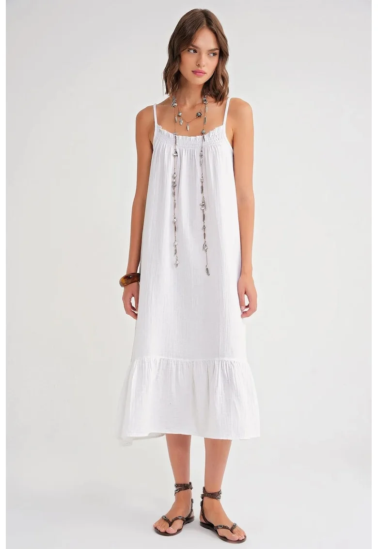 Rochie midi  din muselina cu volan, Alb