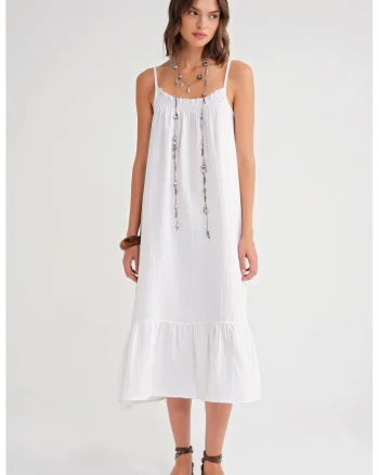Rochie midi  din muselina cu volan, Alb