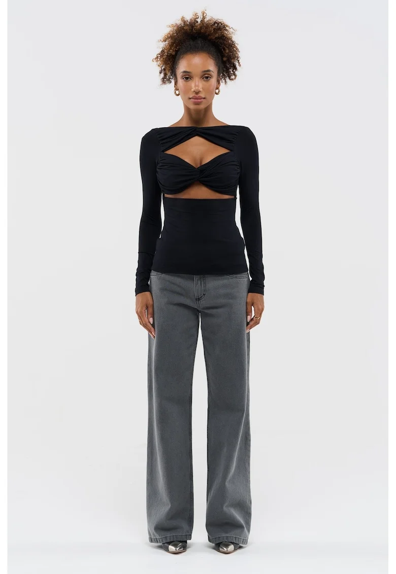 Bluza din amestec de modal, cu guler inalt si fronseuri, Negru