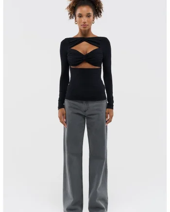Bluza din amestec de modal, cu guler inalt si fronseuri, Negru