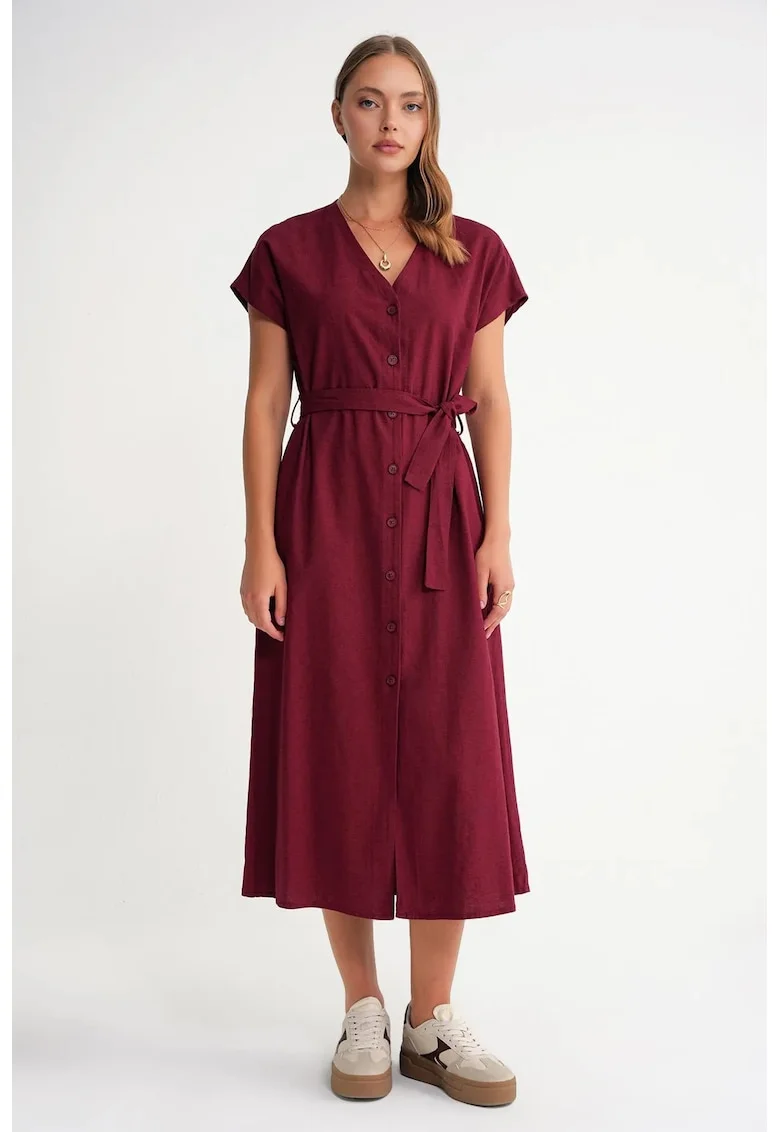 Rochie camasa  cu curea, textil, Visiniu