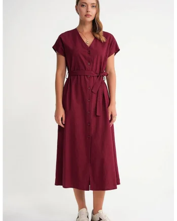 Rochie camasa  cu curea, textil, Visiniu