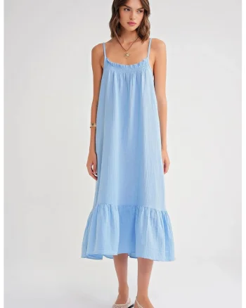 Rochie midi  din muselina cu volan, Albastru deschis