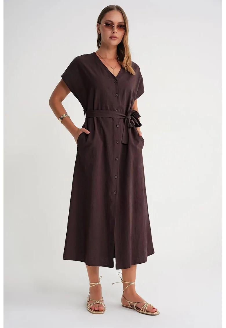 Rochie camasa  cu curea, textil, Maro