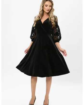 Rochie midi de catifea cu dantela, Negru