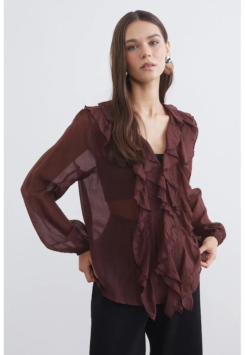 Bluza din amestec de lyocell cu volane, Maro cognac