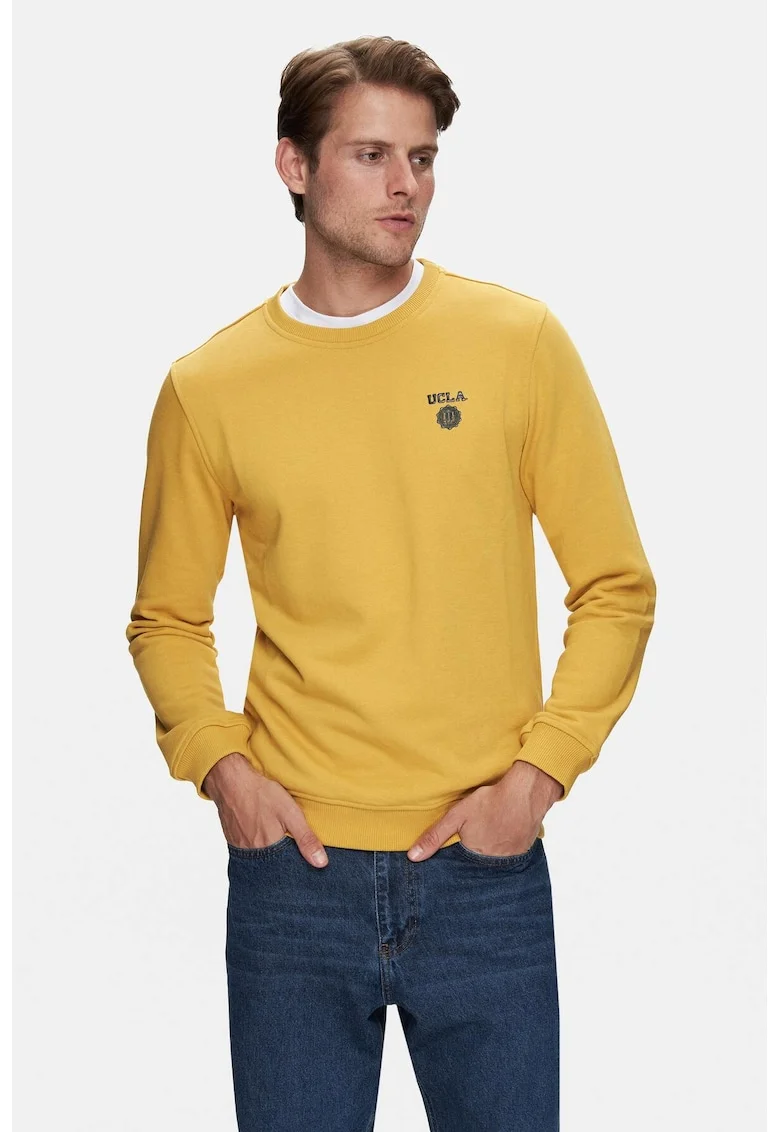 Bluza din amestec de bumbac, decoletu la baza gatului, logo discret, VALLEY, Galben