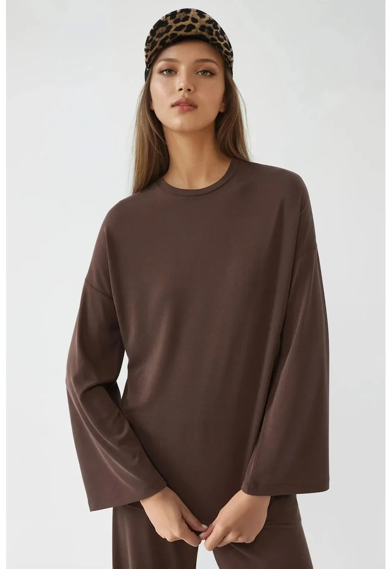 Bluza dama,  maneca lunga, maro cafeniu, jerseu, Maro