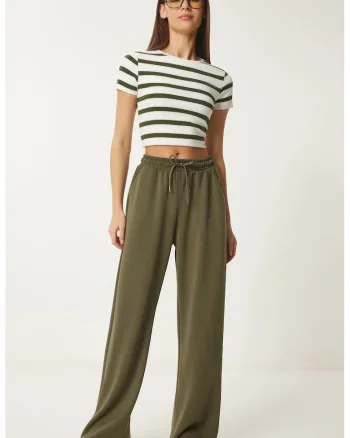 Pantaloni dama, Happiness Istanbul, Pantaloni de trening ISTANBUL, picior verde textil, Kaki