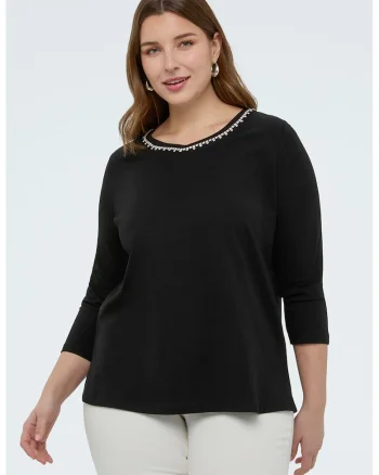 Bluza cu decolteu rotund si maneci 3/4, Negru,