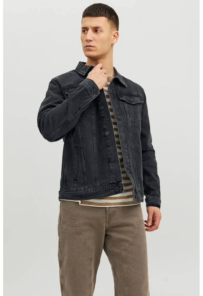 Jacheta uni din denim cu maneci lungi, Negru