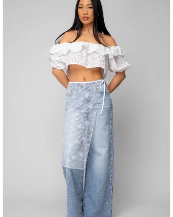Blugi lungi elastici cu aplicatie din dantela Light Blue 20116, Albastru deschis