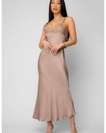 Rochie lunga cu bretele si dantela Beige 20063, Bej