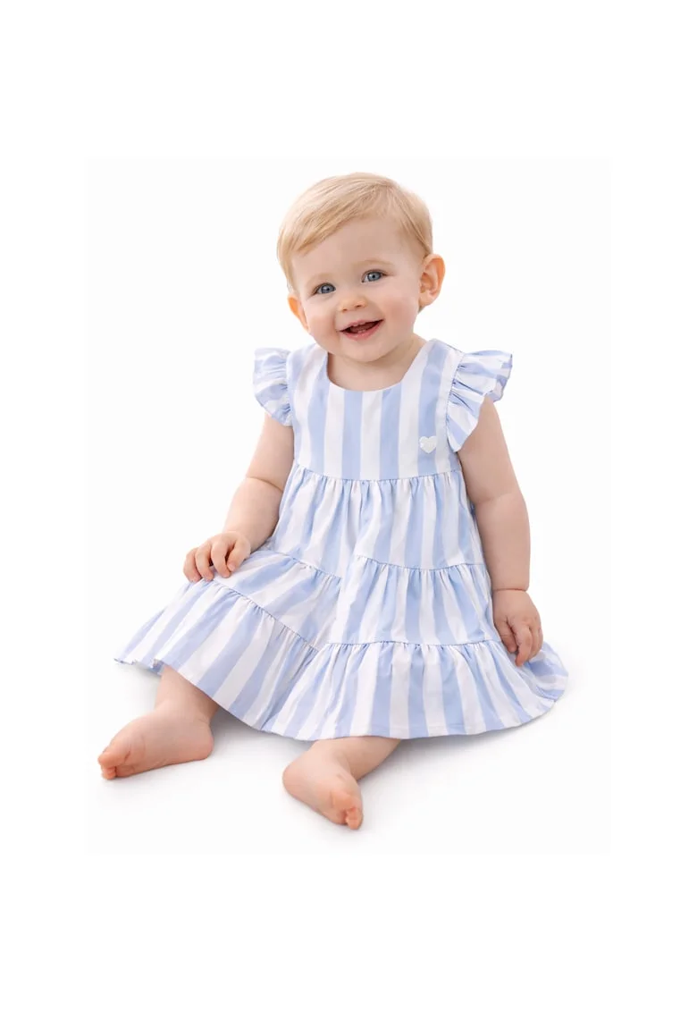 Rochie  pentru bebe fetite cu dungi bleu si albe volanase si funde la spate