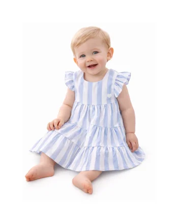 Rochie  pentru bebe fetite cu dungi bleu si albe volanase si funde la spate