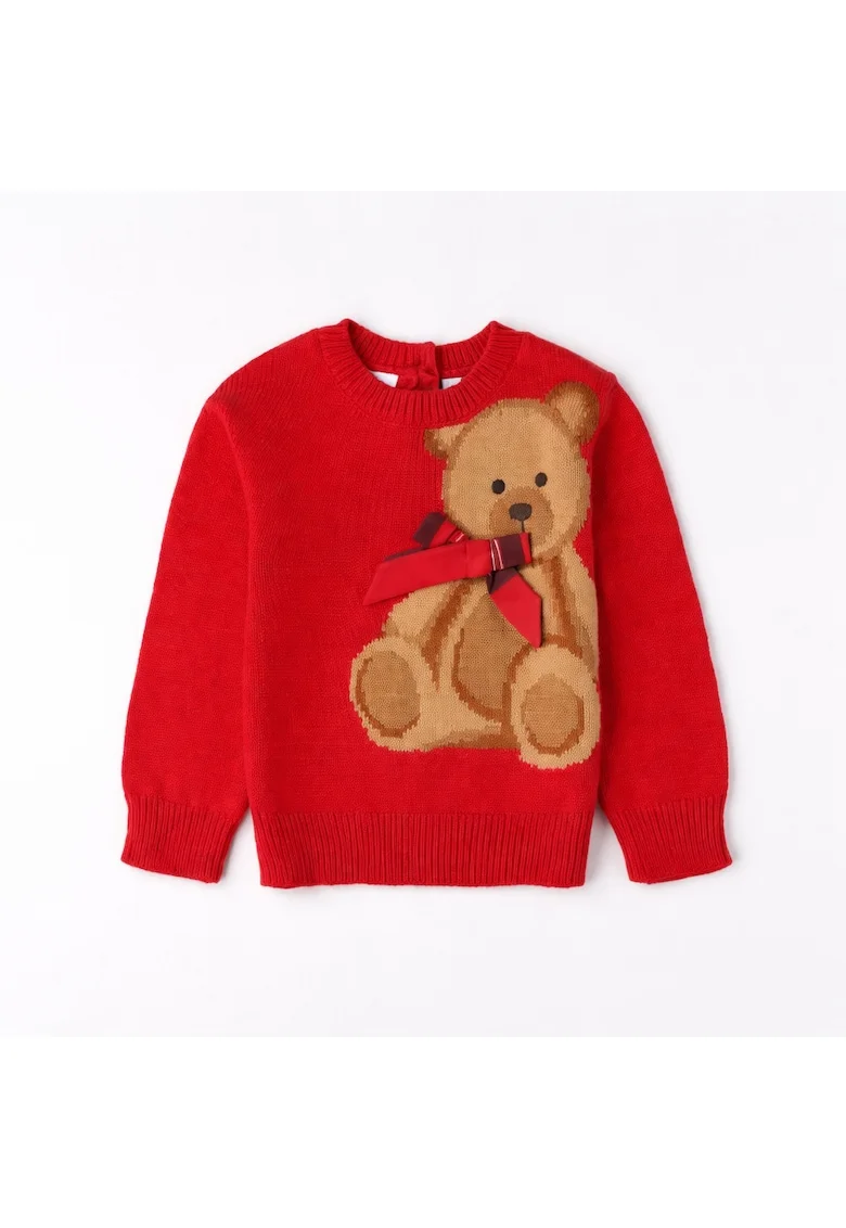 Pulover Copii iDO din Tricot cu Ursulet Aplicat pentru Fete si Baieti Rosu