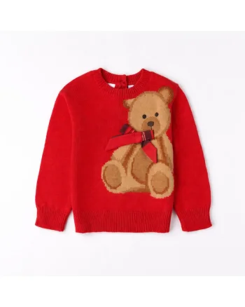 Pulover Copii iDO din Tricot cu Ursulet Aplicat pentru Fete si Baieti Rosu