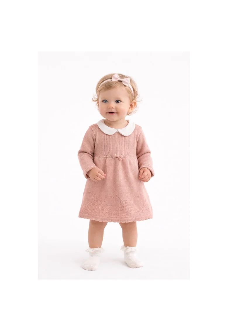 IDO Rochie de bumbac tricotata cu guler rotund Alb fildes Roz prafuit