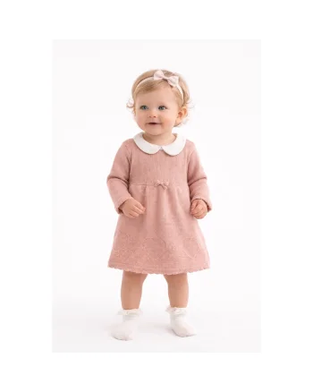 IDO Rochie de bumbac tricotata cu guler rotund Alb fildes Roz prafuit