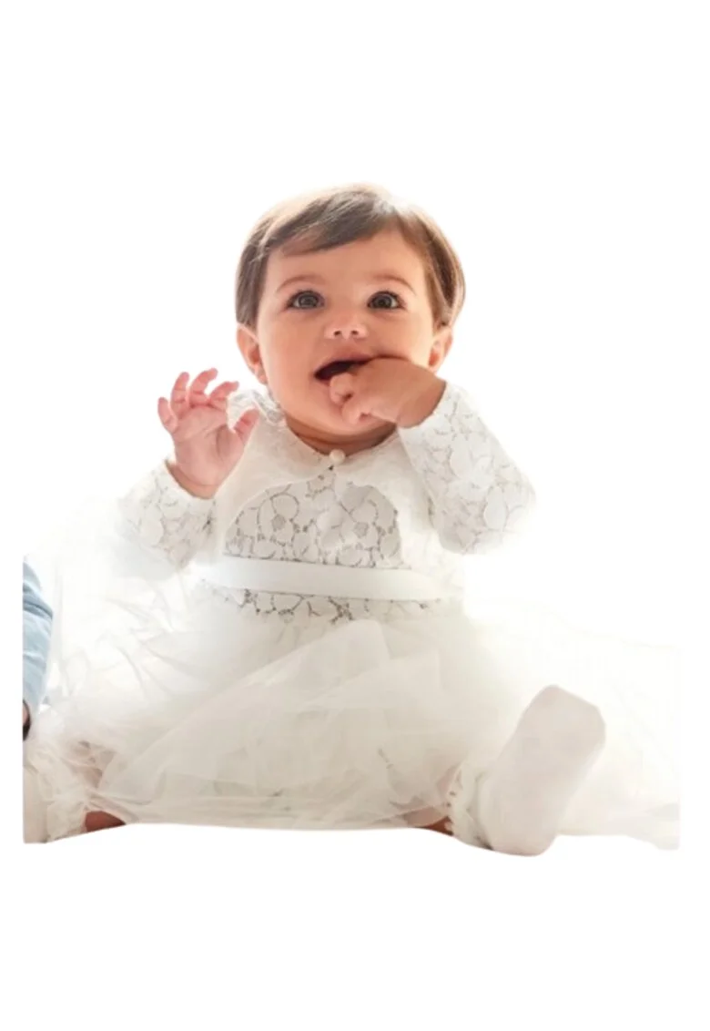 Rochita eleganta cu dantela si tull pentru bebe fetita, Alb