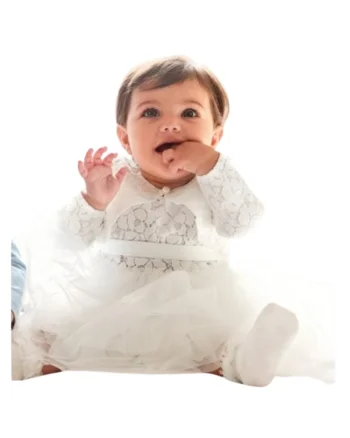 Rochita eleganta cu dantela si tull pentru bebe fetita, Alb