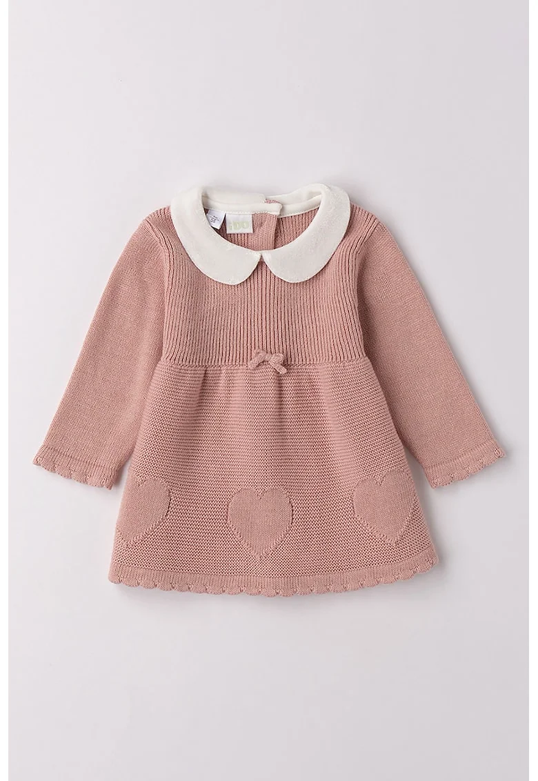 Rochie de bumbac tricotata cu guler rotund, Alb fildes/Roz prafuit