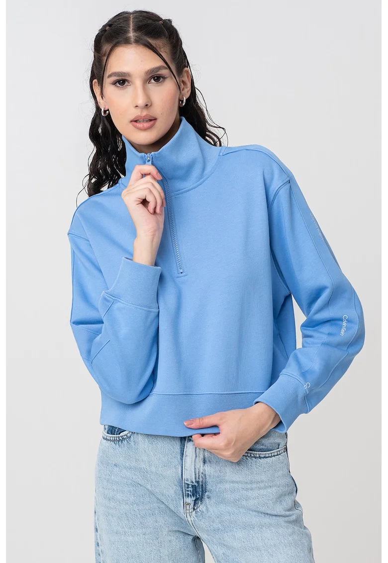 Bluza cu fermoar scurt pentru antrenament, Albastru pastel/Alb optic