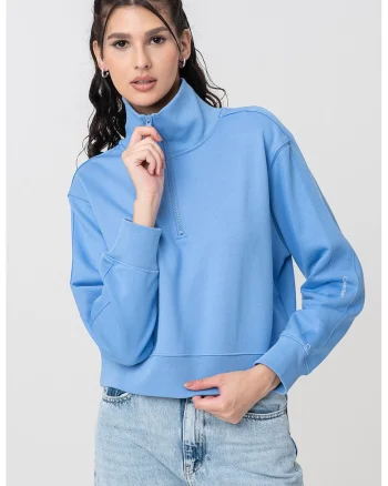 Bluza cu fermoar scurt pentru antrenament, Albastru pastel/Alb optic