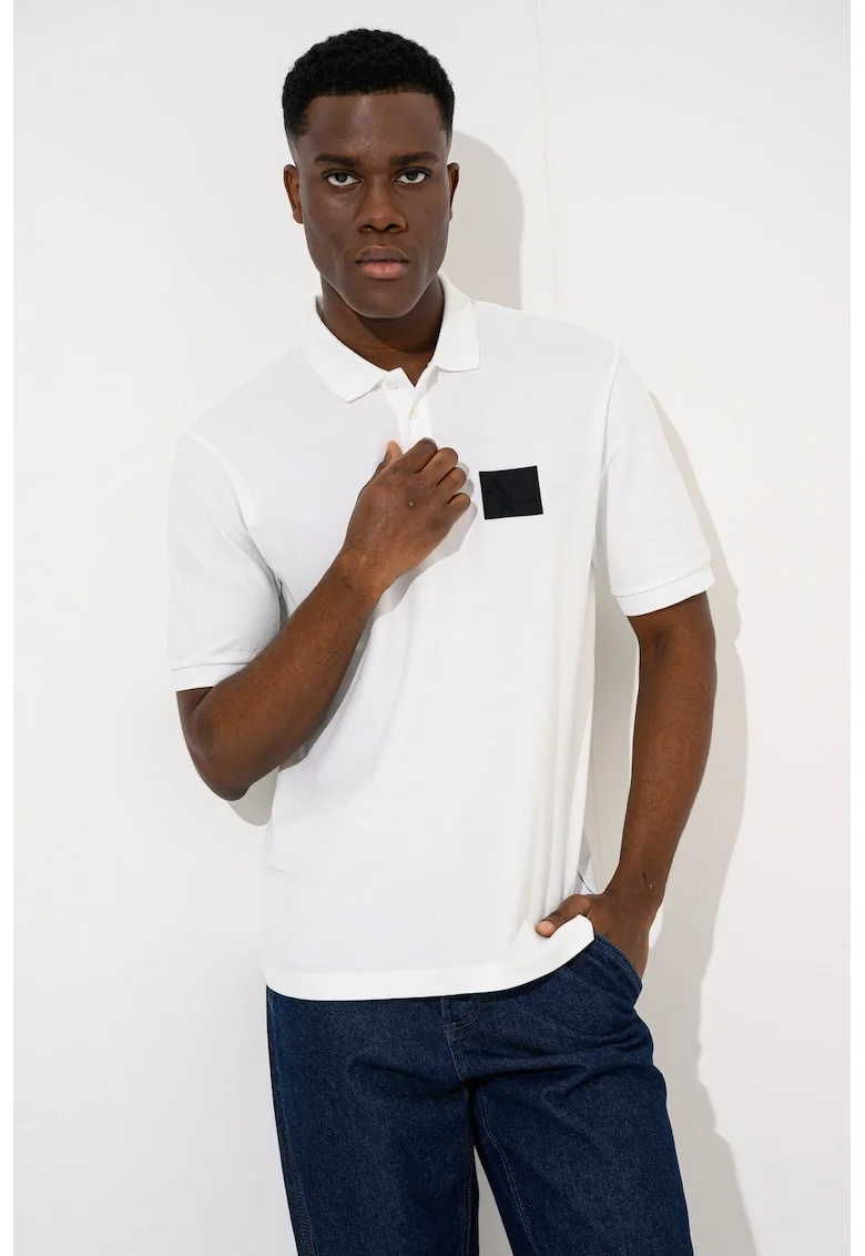 Tricou polo cu aplicatie logo, Alb/Negru