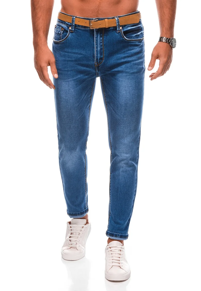 Blugi cu aspect decolorat si curea, Albastru inchis