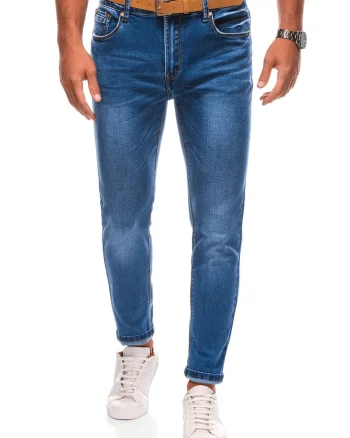 Blugi cu aspect decolorat si curea, Albastru inchis
