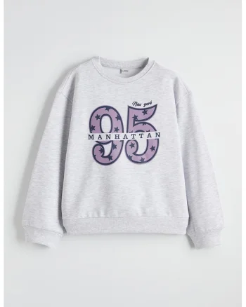Bluza de trening cu decolteu la baza gatului si imprimeu grafic, Violet/Gri deschis melange