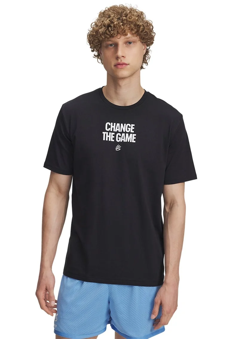 Tricou dun amestec de bumbac cu imprimeu text, pentru baschet Curry Playable, Negru/Alb murdar